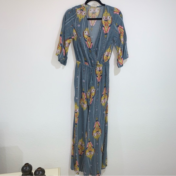 Jaase anthropology Wide‎ Leg Jumpsuit Romper Size Small rayon v neck blue print - Picture 2 of 13